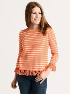 Project J Women's Striped Tassel Sweater -Saintbernard Shop 18251 orange white