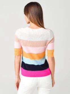 White + Warren Women's Cashmere Striped Elbow Sleeve Tee -Saintbernard Shop 18821xTECHNICOLORSTRIPExAlt2 17253661