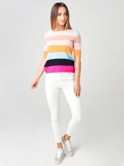 White + Warren Women's Cashmere Striped Elbow Sleeve Tee -Saintbernard Shop 18821xTECHNICOLORSTRIPExAlt3 17253665