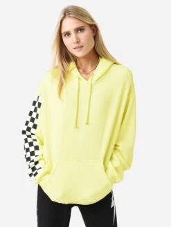Aviator Nation Women's Check Sleeve Hoodie -Saintbernard Shop HDPCKSLVxNEONYELLOWxAlt1 83085510