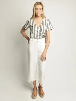 Moon River Wide Leg Pant With Pom Trim -Saintbernard Shop mr3717 ivoryalt1