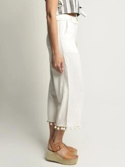 Moon River Wide Leg Pant With Pom Trim -Saintbernard Shop mr3717 ivoryalt2