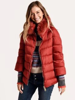 Herno Women's Sateen Short Cocoon Jacket With Fur Collar