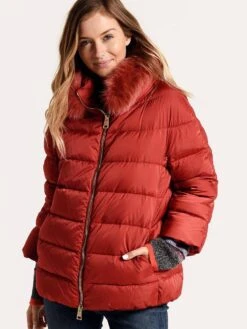 Herno Women's Sateen Short Cocoon Jacket With Fur Collar -Saintbernard Shop p10829d 12170 redalt3